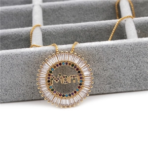 Copper Zirconia MOM Pendant Necklace Multi Colored Round Baguette Cut Stone Gold Plated Jewelry For Mother Day Gift