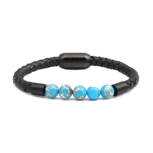 Braided black leather bracelet with blue imperial stone beads and magnetic metal clasp