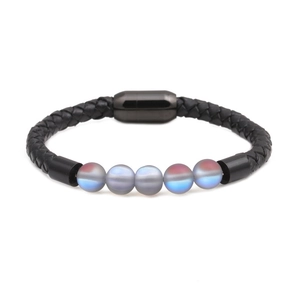 Bracelet pour femme en cuir avec perles de pierre de lune et fermoir magnétique noir