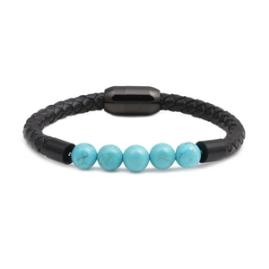 8mm turquoise beaded bracelet with black braided leather and magnetic clasp