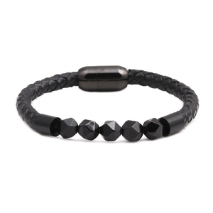 Men's braided leather bracelet with faceted black onyx beads and magnetic closure