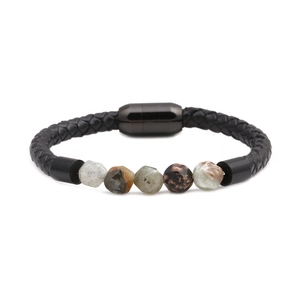 Men's braided black leather bracelet with faceted natural stone beads and magnetic clasp