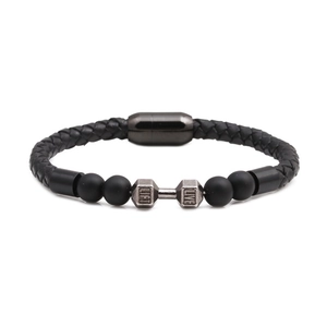 Geflochtenes schwarzes Lederarmband mit matten Perlen und silbernem LIFT LIVE Hantelanhänger