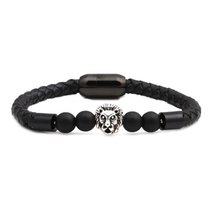 Schwarzes geflochtenes Lederarmband für Herren mit Silberlöwenkopf und Perlen