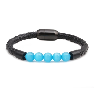 Braided black leather bracelet with blue cat eye stone beads and black magnetic clasp