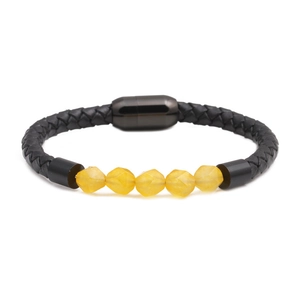 Braided black leather bracelet featuring five yellow faceted beads and magnetic steel clasp