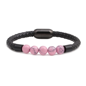 Men's 8mm pink stone bead leather bracelet with magnetic clasp and braided design