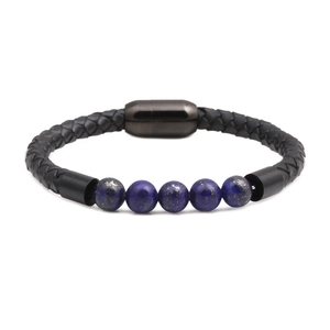 Bracciale da uomo in pelle nera intrecciata da 8mm con cinque perle in pietra naturale blu