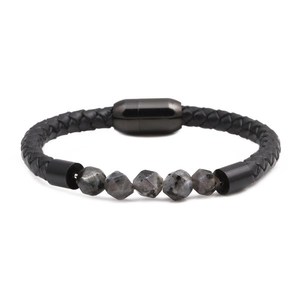 Men's black braided leather bracelet with 8mm faceted grey stone beads and magnetic clasp