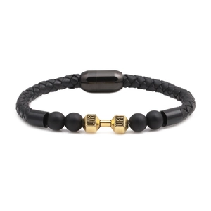 Titanstahl Hantel Armband Herren Leder Geflochten Mattierte Perlen Magnetverschluss Fitness Sport Schmuck Geschenk