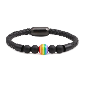 Braided black leather bracelet with white turquoise beads and magnetic steel clasp