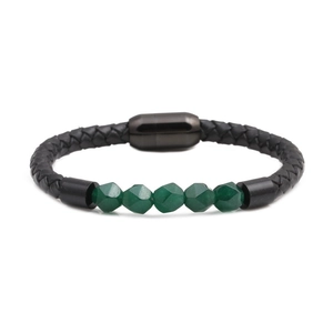 8mm faceted agate beads braided leather bracelet with black magnetic clasp for men