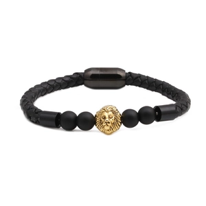 Herren Armband aus schwarzem Leder mit goldenem Löwenkopf und matten schwarzen Perlen