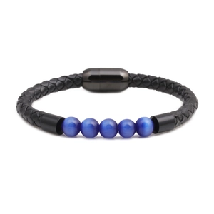 Men's black braided leather bracelet with blue cat eye stone beads and magnetic clasp