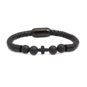 Bracelet tressé en cuir noir avec perles de turquoise et croix et fermoir magnétique