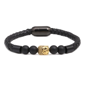 Herren-Armband aus schwarzem Ledergeflecht mit goldenem Buddha-Kopf und Perlen
