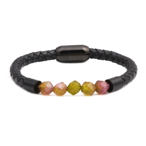 Braided leather bracelet with diamond-cut faceted gemstones and magnetic clasp