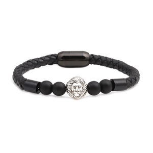Herren Armband aus schwarzem geflochtenem Leder mit silbernem Löwenkopf und Magnet