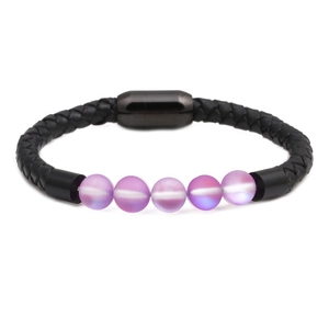 Bracelet en cuir pour femme avec perles de pierre de lune et fermoir magnétique sûr