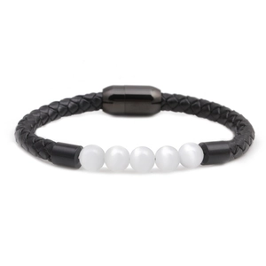 Men's black braided leather bracelet with white cat-eye stones and magnetic buckle
