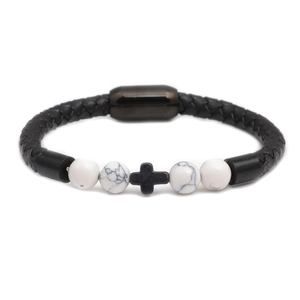 Bracelet en cuir tressé noir avec breloque croix turquoise et fermoir en acier