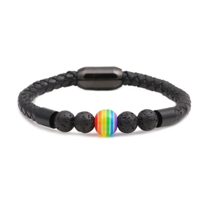 8mm black lava stone and rainbow bead woven leather bracelet with magnetic clasp
