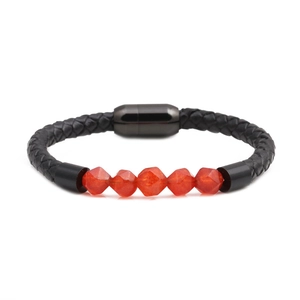 Men's woven black leather bracelet with faceted orange stones and magnetic steel clasp