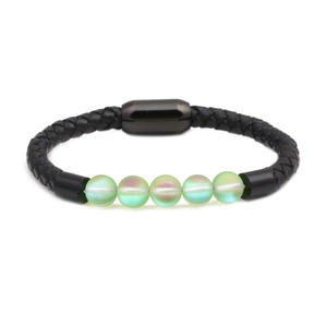 Bracelet tressé en cuir noir avec perles de pierre de lune et fermoir magnétique en acier