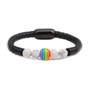 8mm white turquoise and black leather beaded bracelet with magnetic stainless steel clasp