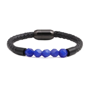 Men's black braided leather bracelet featuring blue faceted beads and a magnetic metal clasp