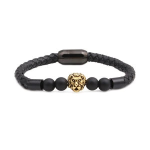Herrenarmband aus schwarzem Leder mit goldenem Löwenkopf und praktischem Magnetverschluss