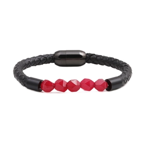 Men's punk style black braided leather bracelet with faceted red beads and magnetic clasp