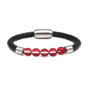 Bracelet pour homme en cuir tressé noir avec perles de lune rouges et fermoir magnétique