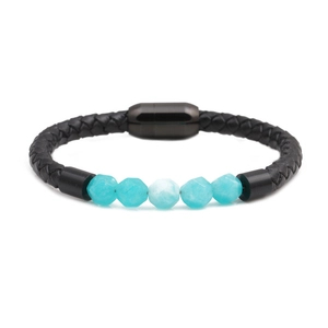Braided leather bracelet with five turquoise faceted beads and a black magnetic clasp