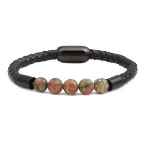 Braccialetto in Vera Pelle Intrecciata Con Perline di Pietra Naturale Chiusura Magnetica in Acciaio Inossidabile Uomo