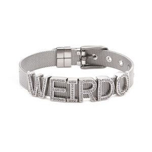 Silbernes Edelstahl-Mesh-Keeper-Armband mit diamantbesetzten WEIRDO-Buchstaben