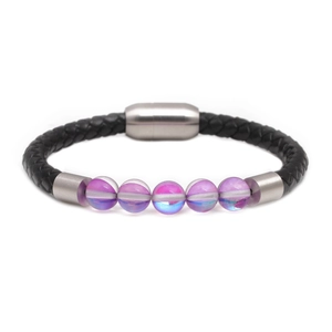 Bracelet Unisexe en Cuir Véritable Tressé Avec Fermoir Magnétique en Acier Inoxydable Perles de Pierre de Lune Bijoux de Mode