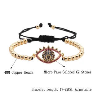 Adjustable evil eye charm bracelet with 4mm gold copper beads and zircon inlay