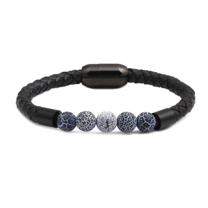 Bracciale punk da uomo in perline di legno wengé con pelle intrecciata nera e chiusura