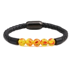 Bracciale punk da uomo in pelle intrecciata con perle gialle e chiusura magnetica nera