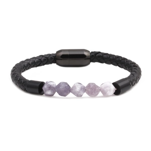 Detail of woven black leather bracelet featuring five faceted lavender natural stone beads