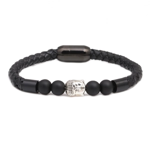 Herren Armband aus schwarzem Ledergeflecht mit matten Perlen und silbernem Buddha-Magnetverschluss