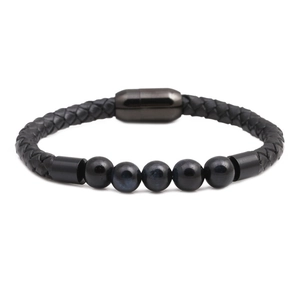 Bracciale punk in pelle intrecciata da uomo con perle occhio di tigre blu e chiusura magnetica