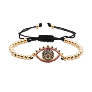 Adjustable woven evil eye bracelet with gold beads and micro-set colorful zircon stones