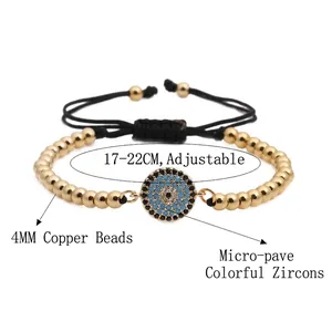 Adjustable evil eye charm bracelet with micro-pave turquoise and gold copper beads