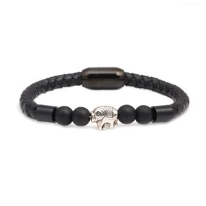 Herren Lederarmband im Retro-Stil mit geflochtenem Muster, Silber-Elefant und Perlen