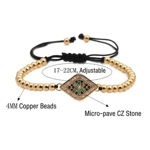 Bracelet œil maléfique ajustable avec perles d'or 4mm et zircone cubique sertie micro