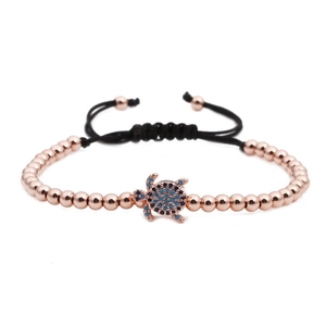 Bracelet en Perles avec Pendentif Tortue en Cuivre et Zirconia Micro-serti Cordon Tissé Noir Réglable Bijoux de Mode Hommes Femmes