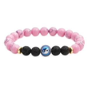 Pink turquoise and black lava bead bracelet with Yin Yang charm and golden spacers