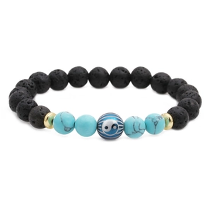 Lava rock bead bracelet with turquoise accents and Tai Chi Yin Yang symbol charm